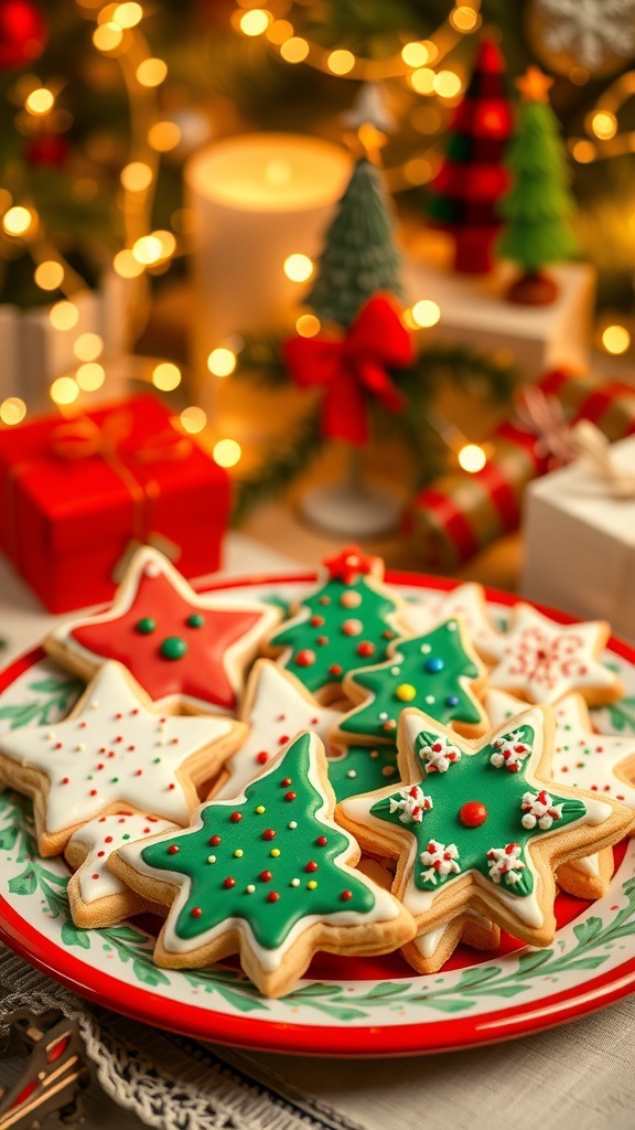 Decorated Christmas sugar cookies on a holiday-themed plate with festive colors.